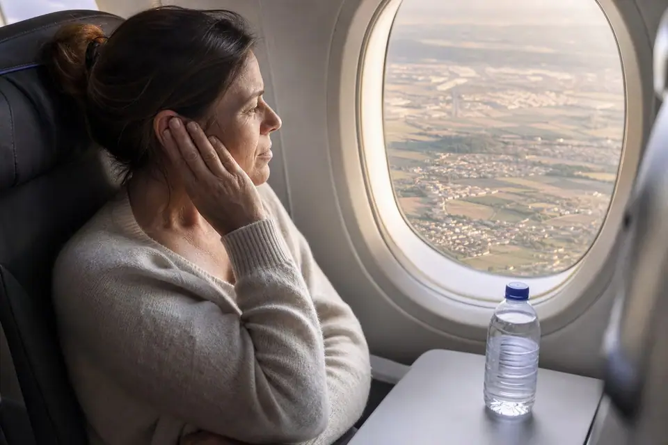 Passagère se tenant l’oreille près d’un hublot pendant la descente d’un avion, ville visible en contrebas