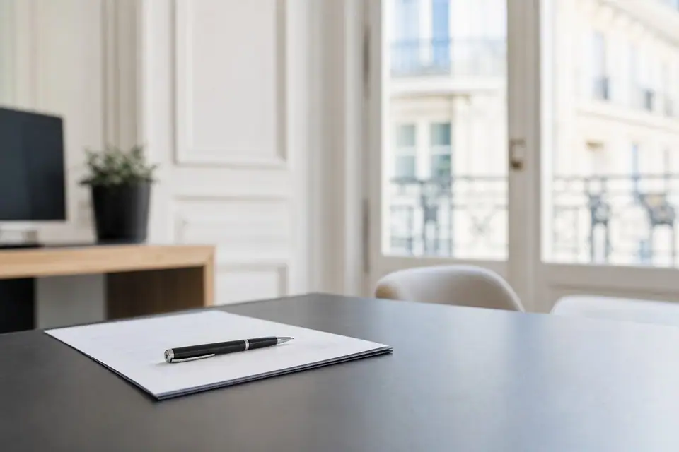 Bureau moderne avec un contrat de travail et un stylo posés sur une table