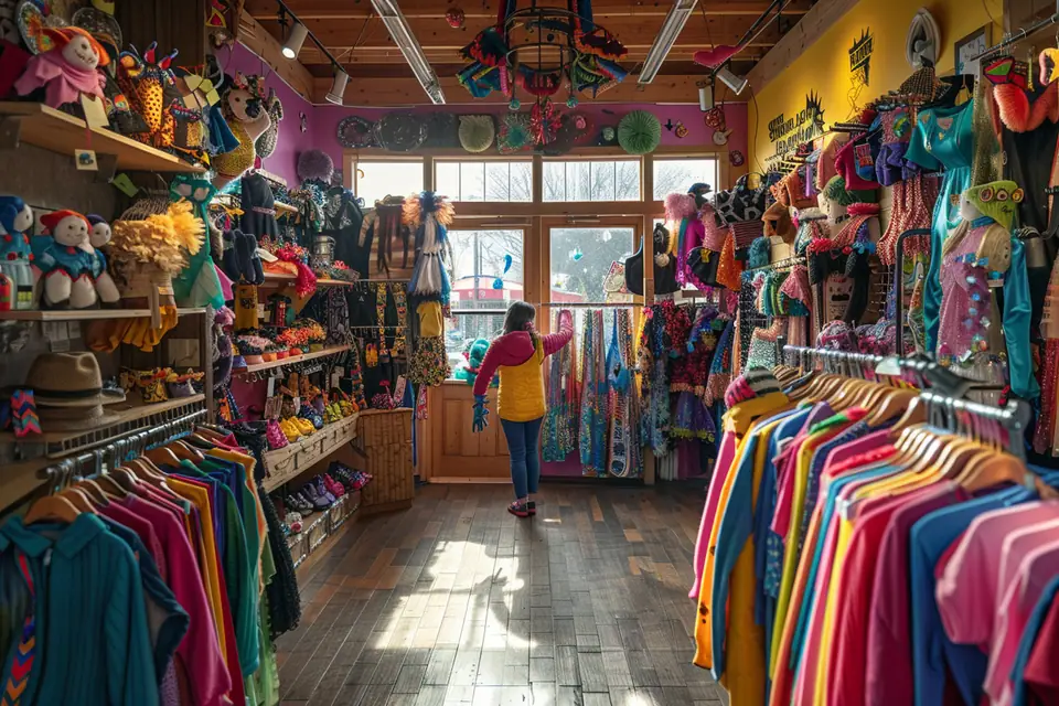 Personne essayant un costume coloré devant un miroir avec accessoires de fête