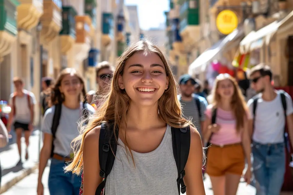 Adolescents suivant un cours d’anglais sur une terrasse avec vue sur le littoral maltais