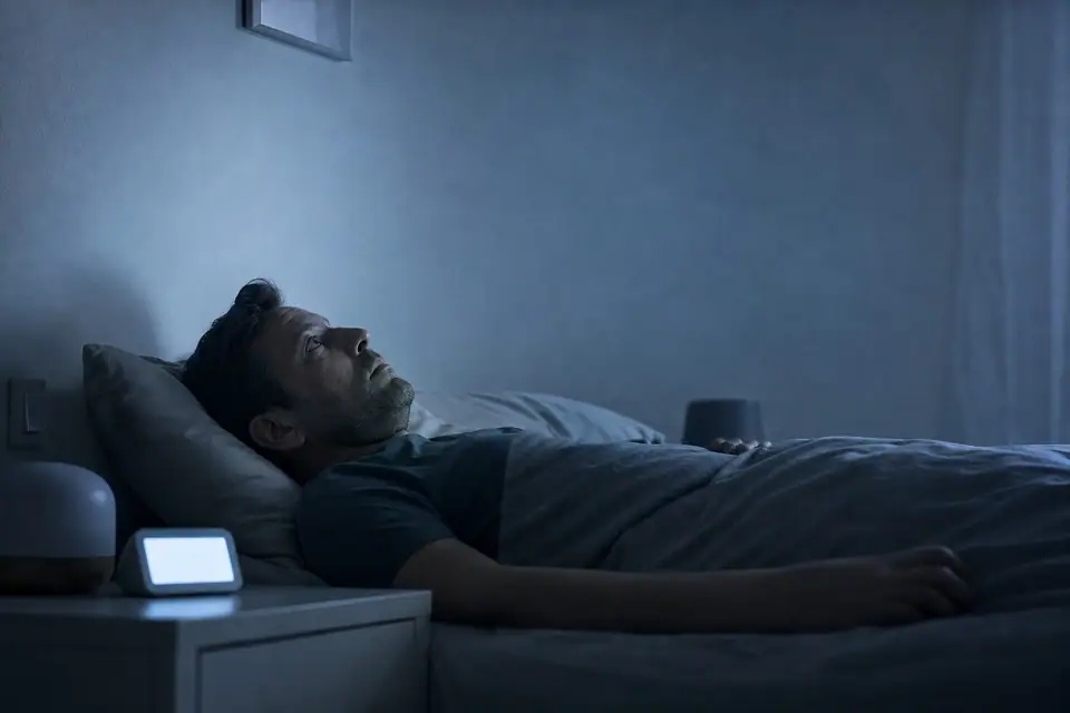 Homme allongé éveillé dans son lit en pleine nuit, regard fixé au plafond, chambre plongée dans une lumière bleutée
