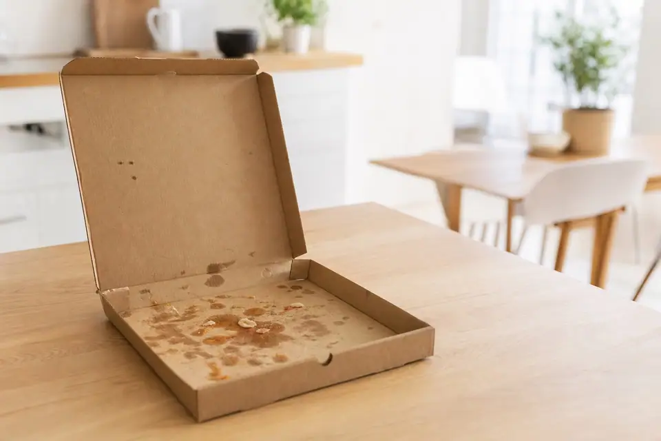 Boîte à pizza en carton ouverte sur une table, avec des restes de fromage et de graisse visibles