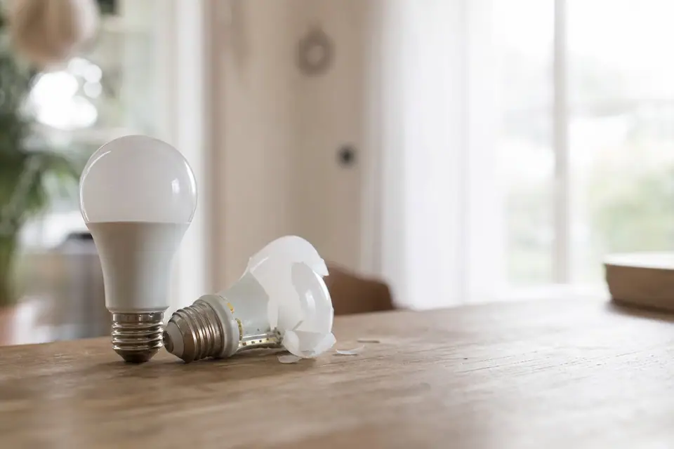 Ampoule LED grillée posée à côté d’une ampoule neuve sur une table
