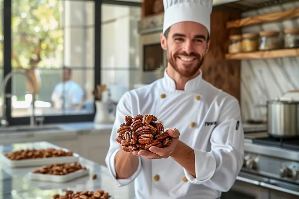 Noix de pécan entières et concassées disposées près d’un dessert contemporain aux dattes