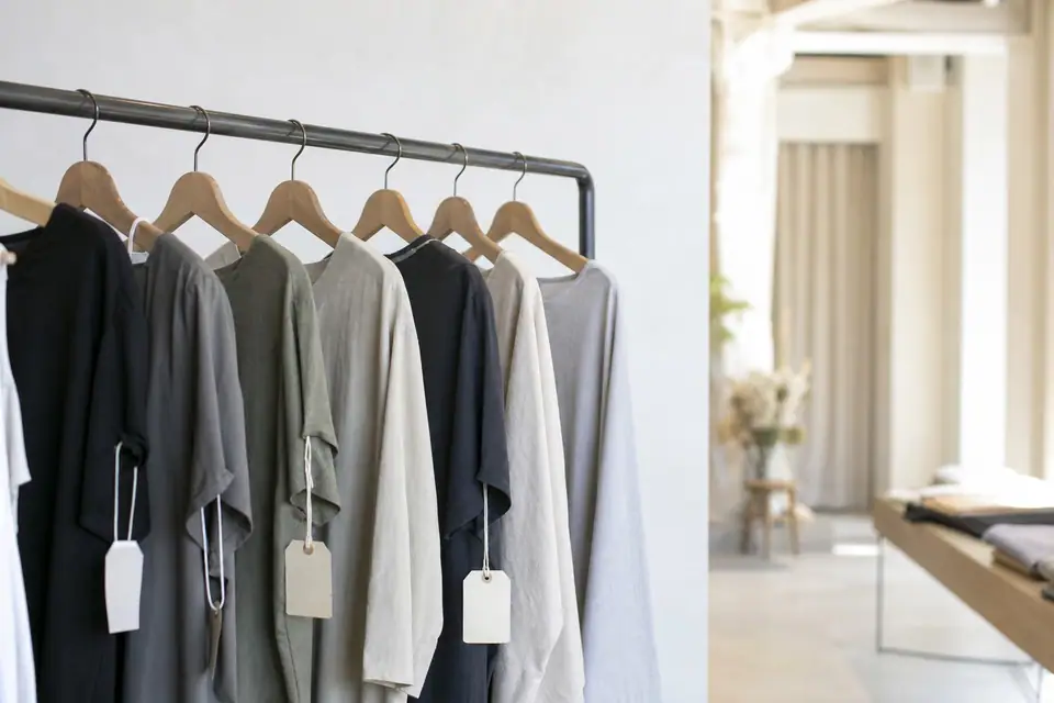 Étiquettes de tailles de vêtements différentes accrochées à plusieurs pièces sur un portant