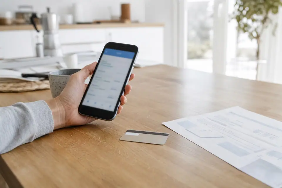 Main tenant un smartphone affichant une application bancaire, carte bancaire et facture posées sur une table en bois