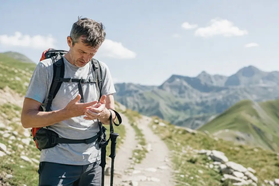 Randonneur sur un sentier de montagne regardant ses doigts légèrement gonflés, bâton de marche accroché au poignet