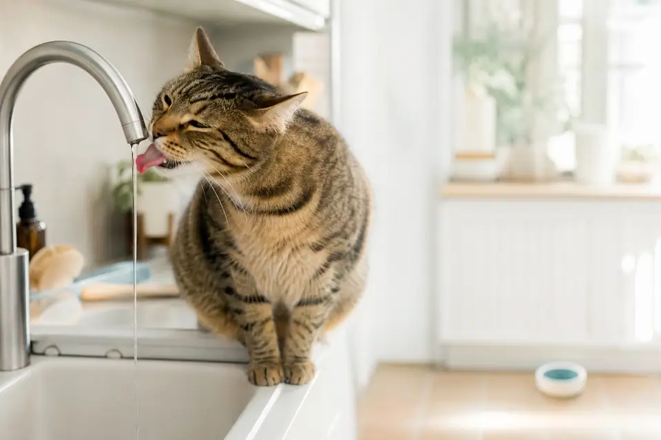 Chat tigré lapant un mince filet d’eau qui coule d’un robinet de cuisine en inox, près d’une fenêtre