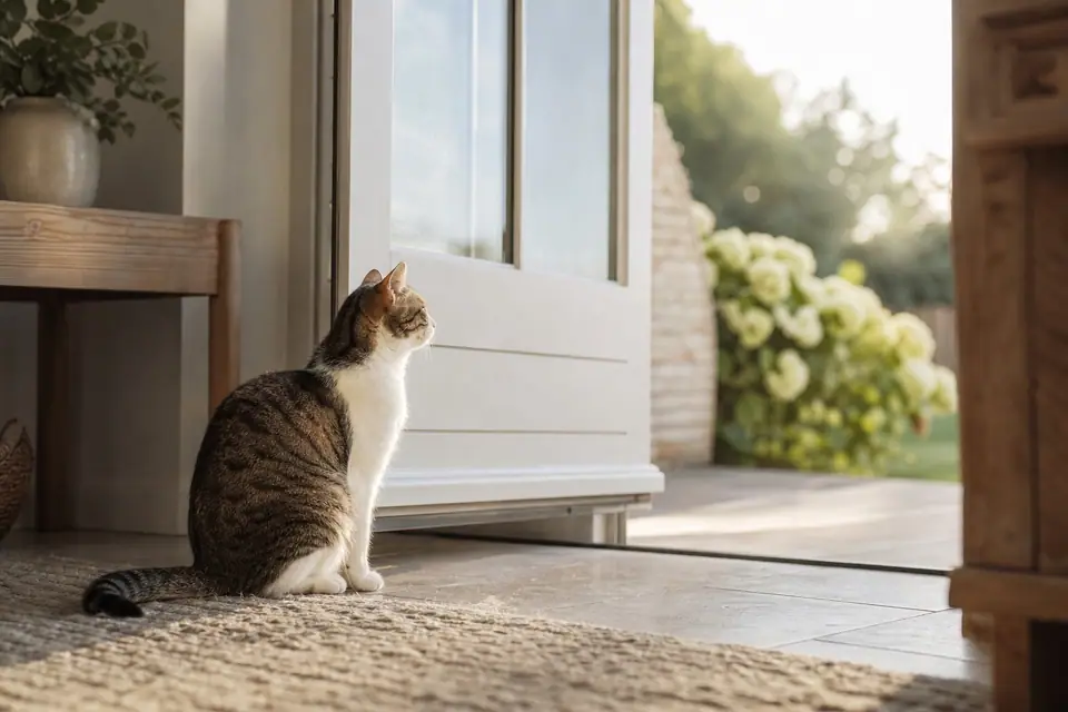 Chat domestique assis près d’une porte d’entrée, attitude attentive, ambiance de jardin en arrière-plan