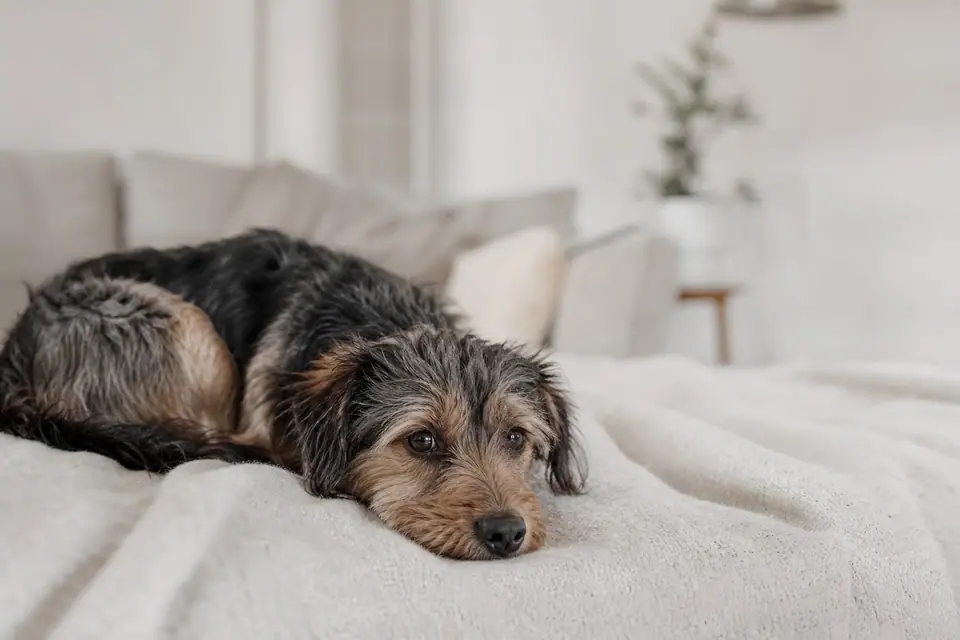 Chien domestique tremblant légèrement, allongé sur un plaid dans un salon