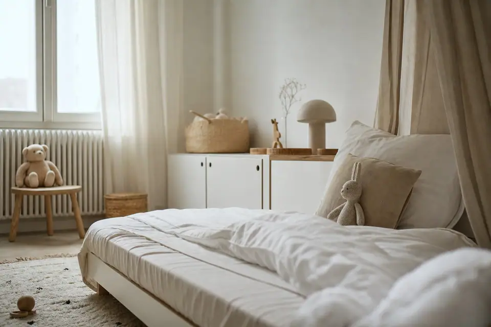 Chambre d’enfant avec un lit fait, protection de matelas visible sous le drap