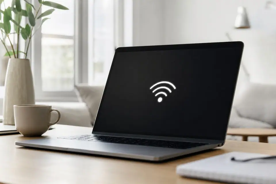 Ordinateur portable ouvert sur un bureau, icône wifi visible à l’écran, intérieur lumineux