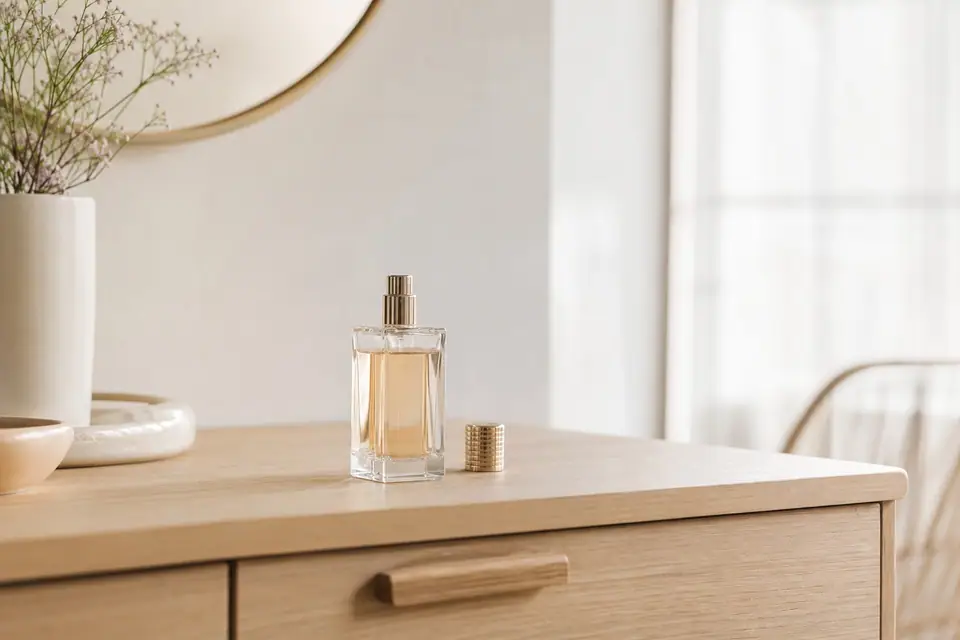 Flacon de parfum posé sur une coiffeuse, lumière naturelle douce du matin