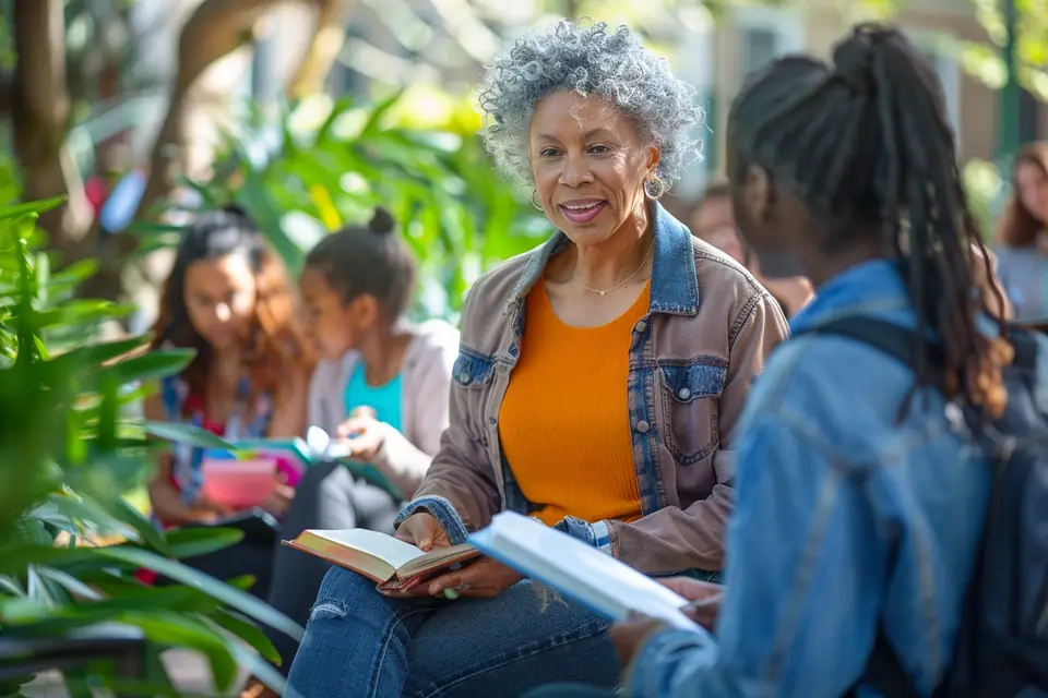 Adulte étudiant l’anglais dans une salle de cours lumineuse aux États-Unis avec d’autres internationaux
