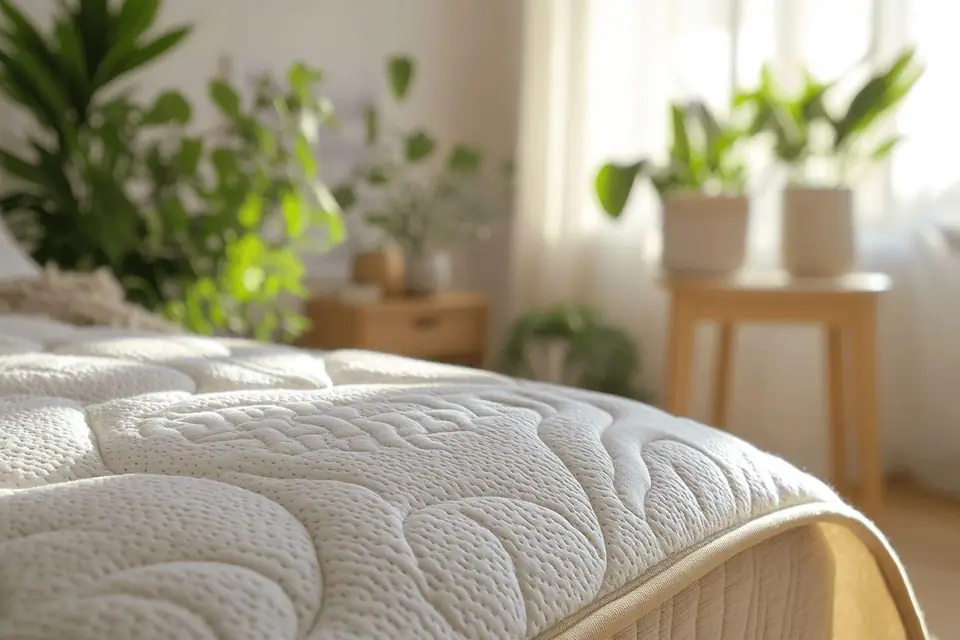 Protège-matelas blanc en coton étendu sur un lit avec matelas visible