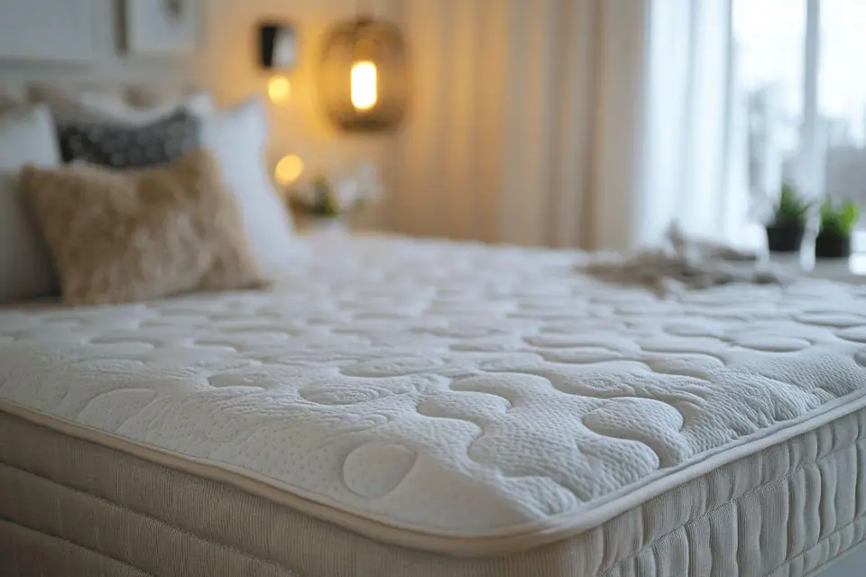Protège-matelas blanc en jersey extensible ajusté sur un matelas dans une chambre lumineuse