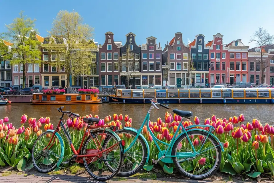 Maisons étroites bordant un canal d’Amsterdam avec vélos et pont en pierre