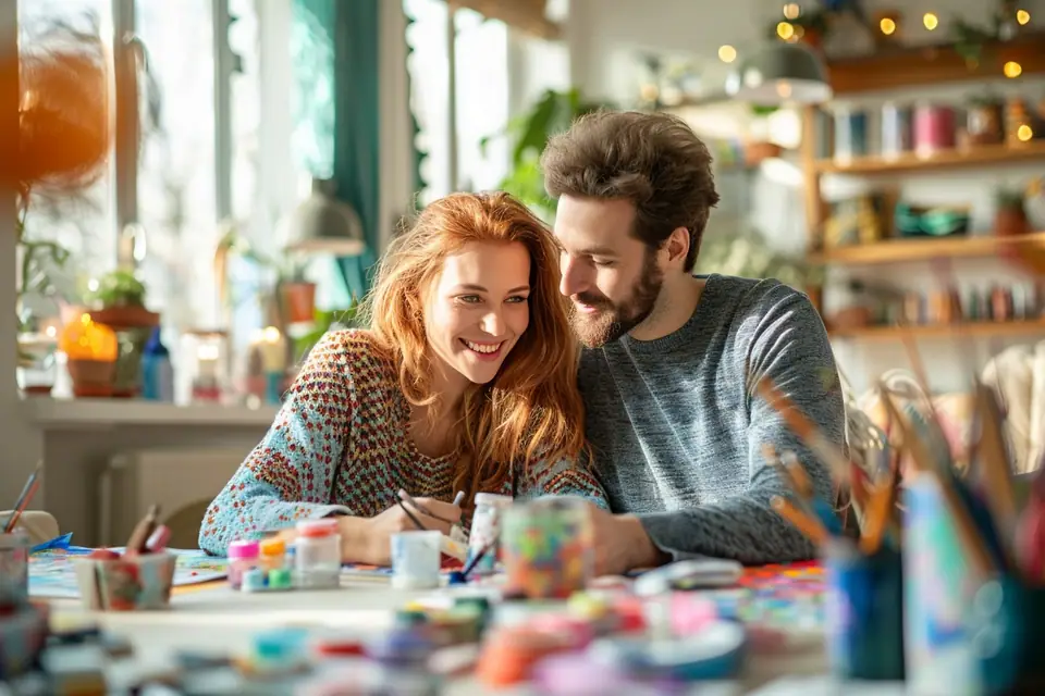 Deux amis préparent une carte, des feutres et des objets pour un défi créatif