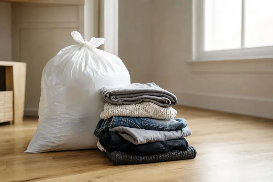 Vêtements usés pliés près d’un sac de collecte textile, intérieur sobre