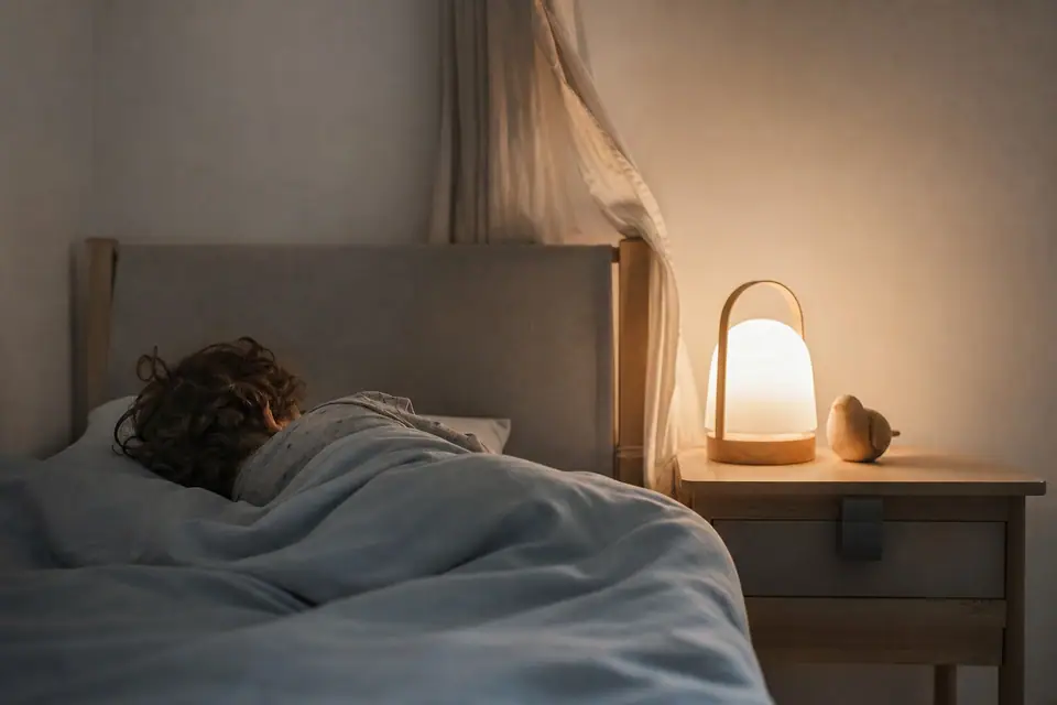 Enfant dans son lit avec une veilleuse allumée, chambre dans la pénombre douce