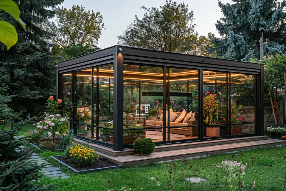 Véranda en aluminium vitrée attenante à une maison avec terrasse et jardin