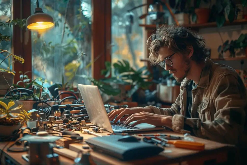 Bureau professionnel avec ordinateur portable, écran externe, clavier et carnet de notes