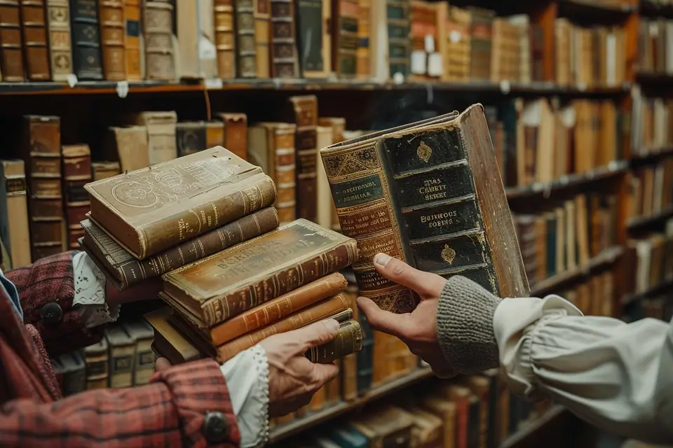 Livre ancien relié en cuir ouvert sur une table, entouré de plusieurs volumes anciens