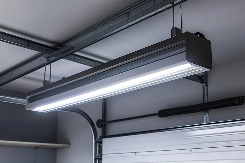 Tube radiant suspendu dans un atelier avec radiateurs électriques muraux visibles au fond