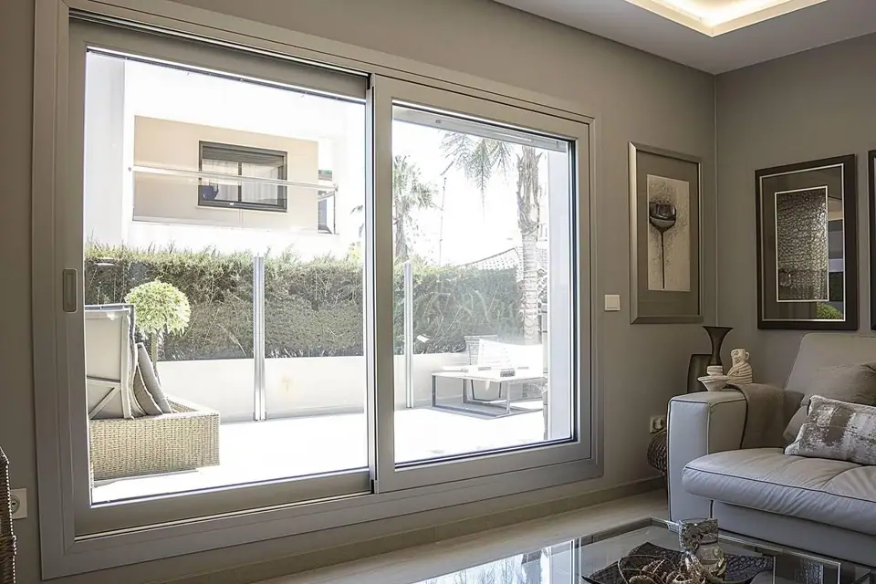 Deux baies coulissantes ouvertes, l’une blanche en PVC, l’autre grise en aluminium