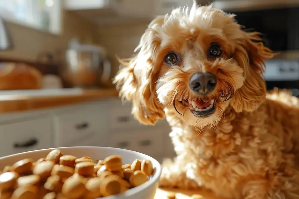 Chien adulte devant deux gamelles de croquettes posées à heures fixes dans une cuisine