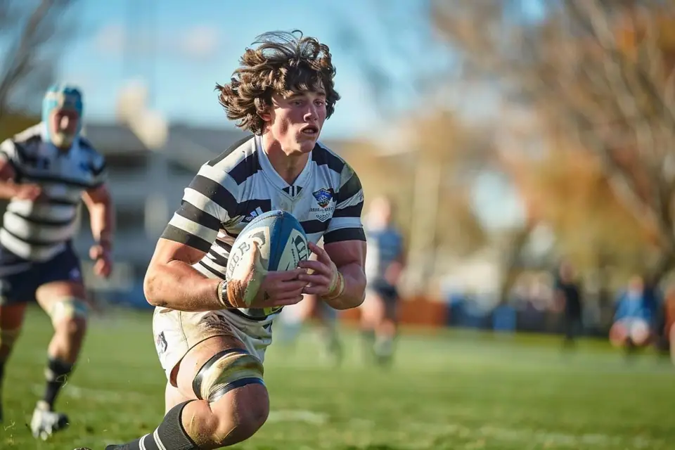 Maillots de rugby suspendus avec écussons, rayures et numéros visibles dans un vestiaire