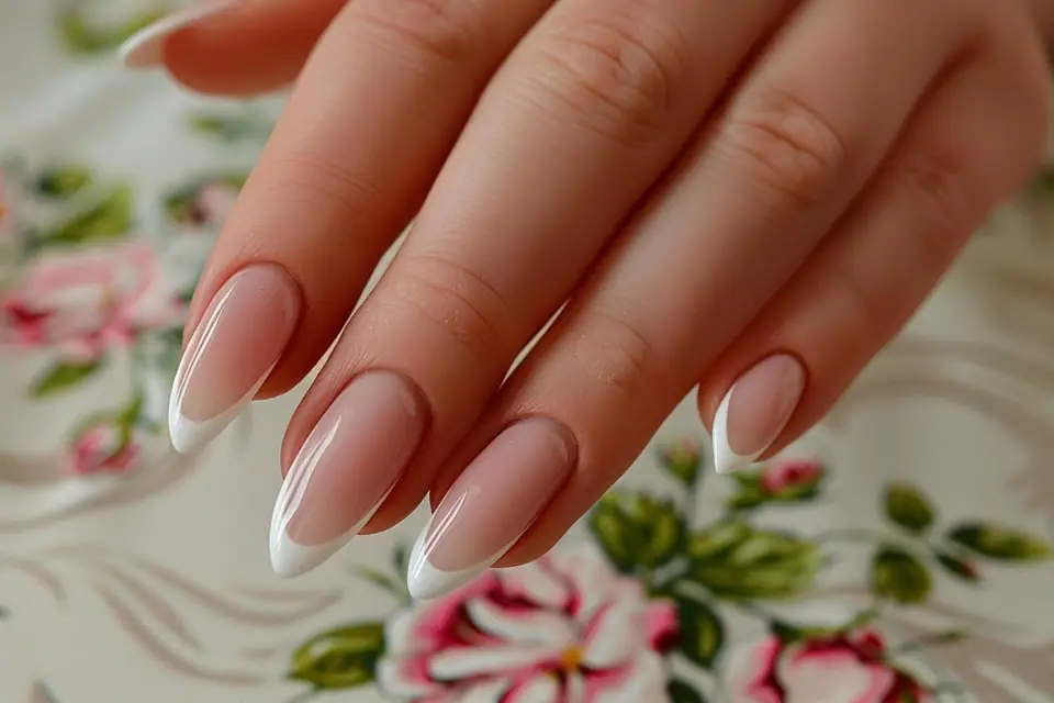 Main aux ongles courts roses bordés d’une fine ligne blanche, près de flacons de vernis