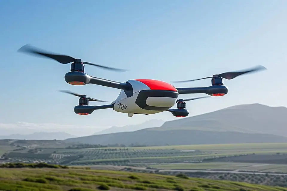 Drone FPV équipé d’un petit module GPS posé sur un terrain dégagé