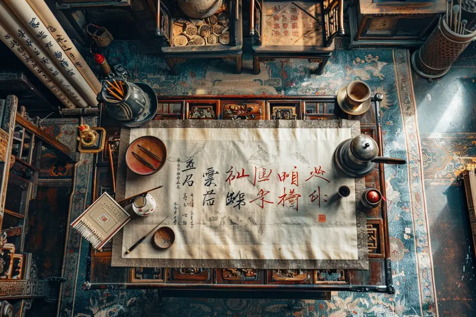 Inscription de caractères chinois sur un registre familial ancien posé sur une table en bois