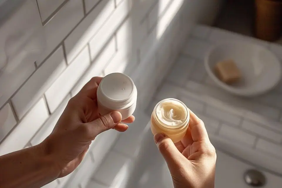 Pot de gel-crème léger, serviette blanche et feuilles vertes sur un meuble de salle de bains