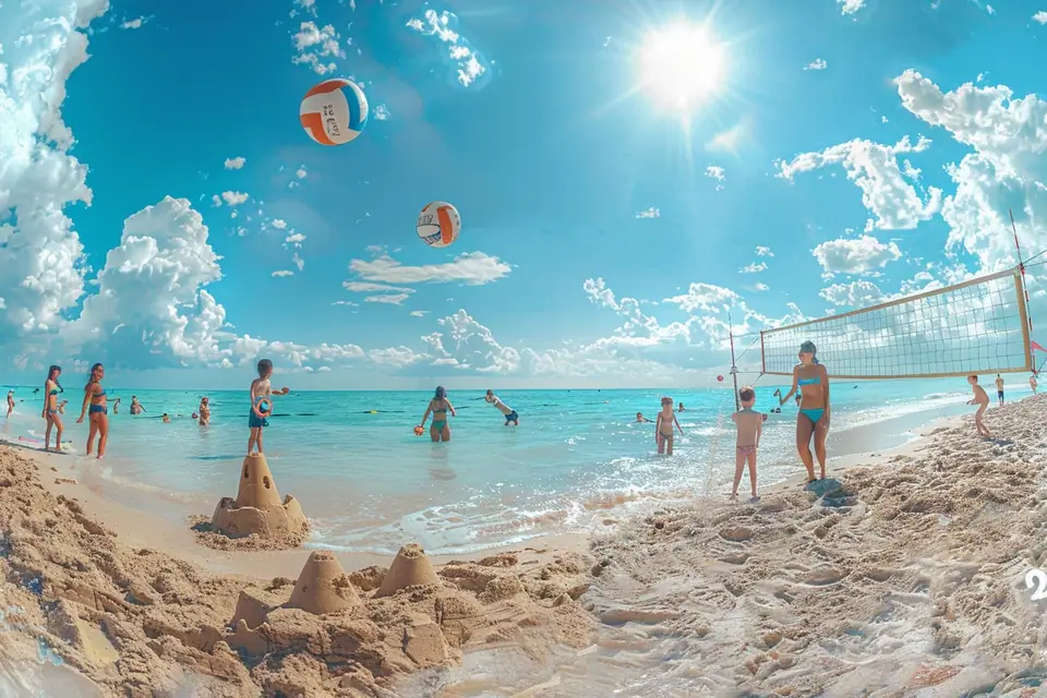 Famille sur une plage française avec paddle, kayak et parasol au bord de l’eau