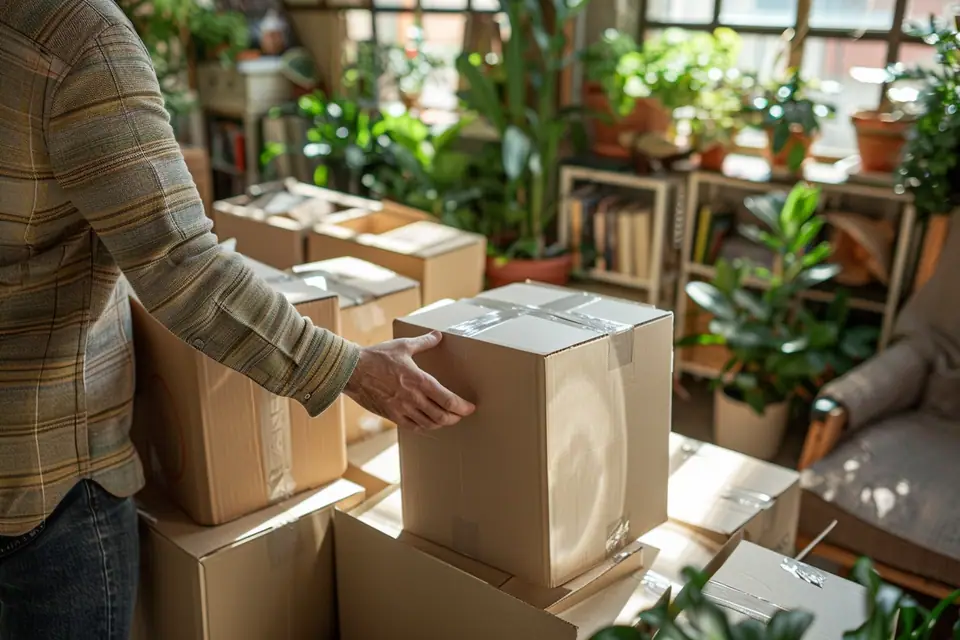 Cartons étiquetés, diable et utilitaire garé devant un immeuble en ville