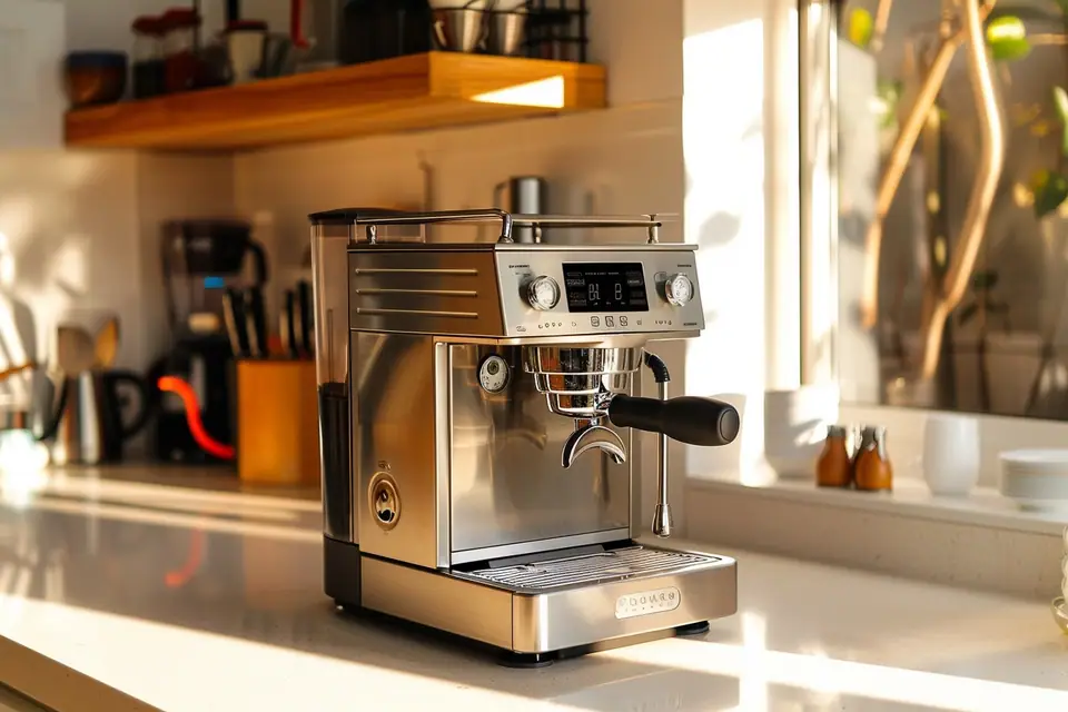 Machine expresso manuelle en inox avec porte-filtre, moulin à café et tasse blanche