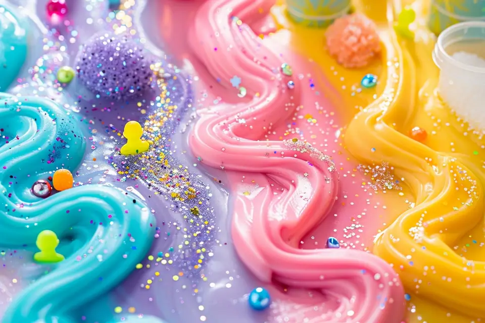 Plateau de gels sensoriels colorés, cuillères doseuses et mains d’enfant sous surveillance adulte