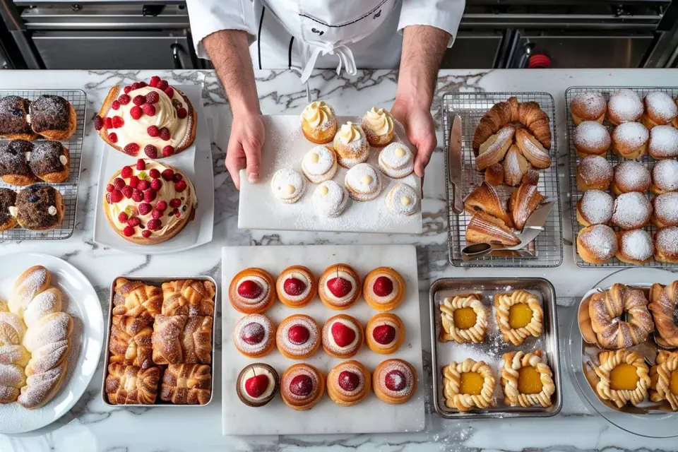 Apprenti pâtissier dressant des choux garnis sur une plaque en laboratoire de pâtisserie