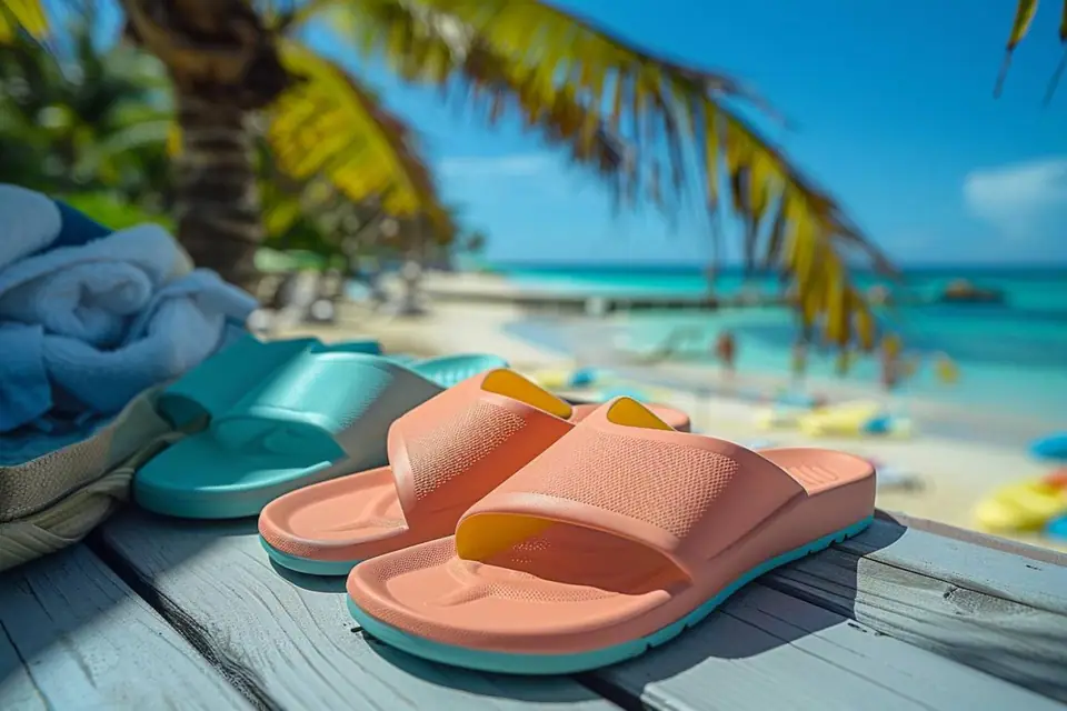 Femme essayant des sandales en cuir à brides réglables devant un miroir