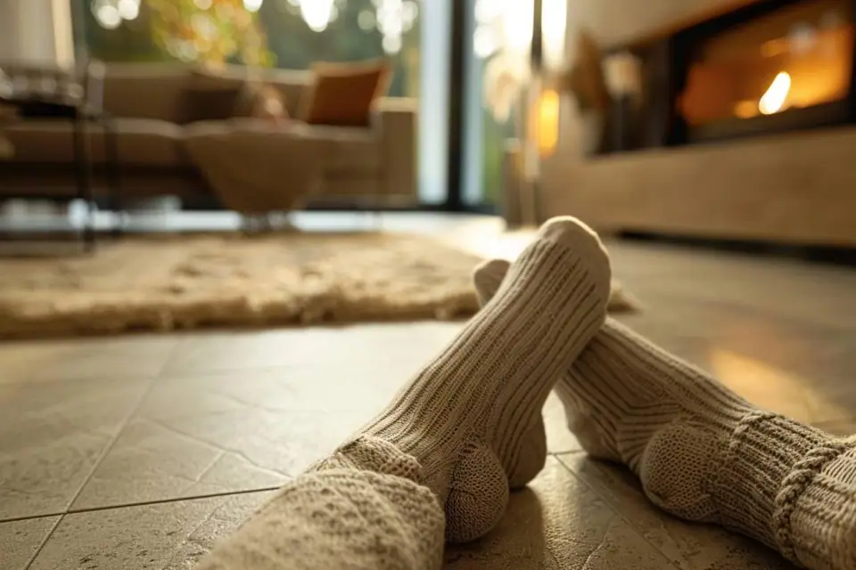 Salon lumineux avec parquet, grandes baies vitrées et chauffage par le sol discret