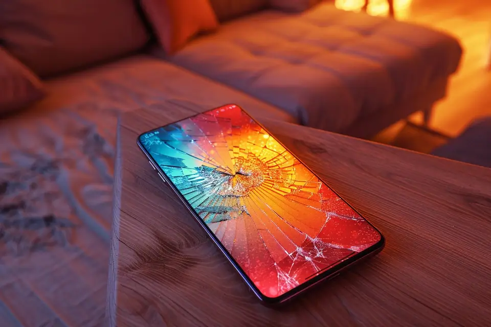 Téléphone mobile posé sur une table avec coque renforcée et protection d’écran en verre