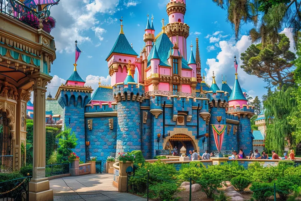 Visiteurs marchant devant le château de Disneyland Paris par une journée ensoleillée