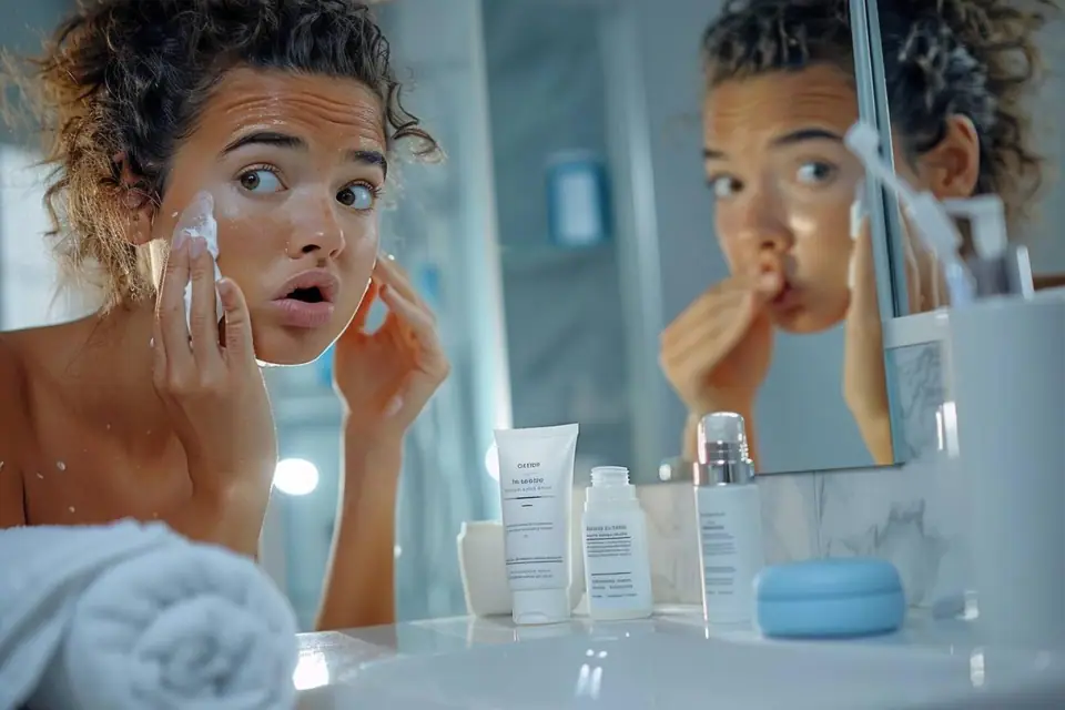Personne appliquant une fine couche de soin hydratant sur un visage propre devant un miroir