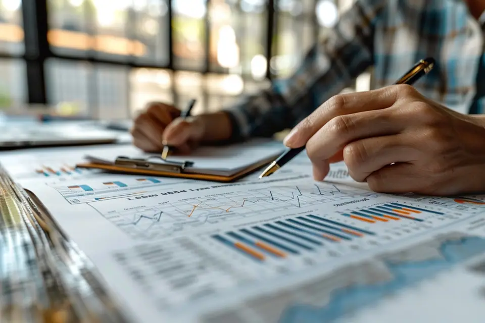 Conseiller et couple examinant une répartition d’investissements immobiliers sur documents posés sur une table