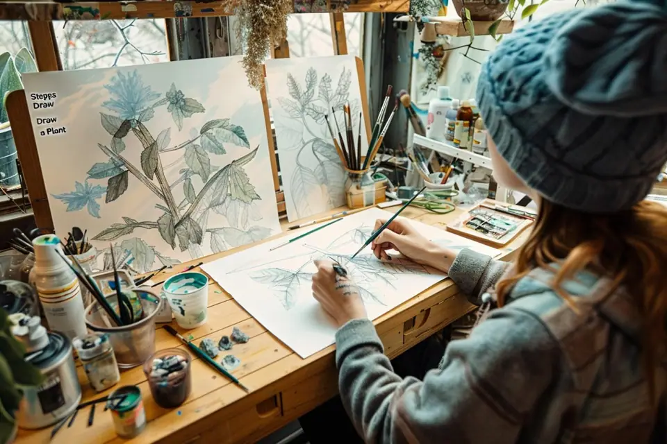 Carnet ouvert, crayon graphite et feuille de monstera posés près d’une fenêtre lumineuse