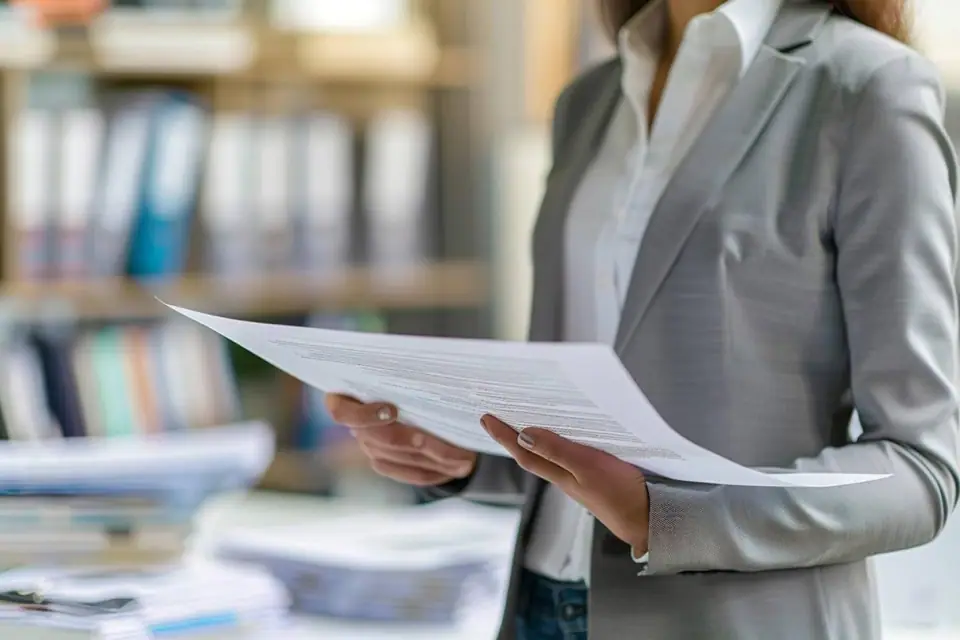 Personne classant factures, photos et courrier de réclamation sur une table de travail