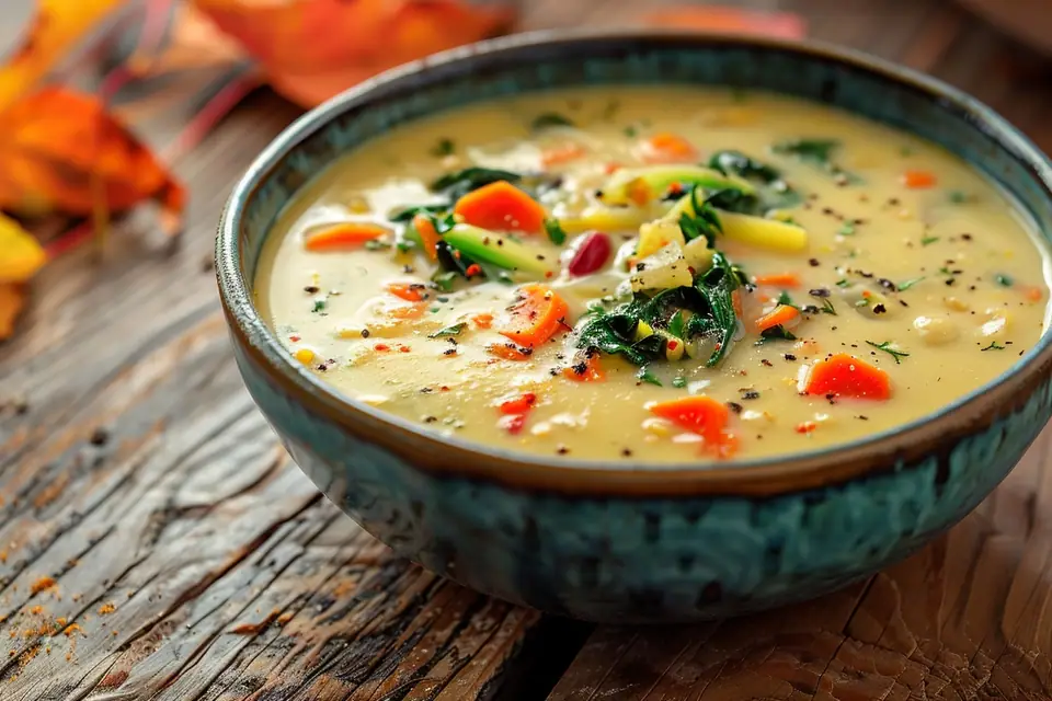 Bol de soupe crémeuse aux champignons garni d’herbes fraîches sur une table en bois