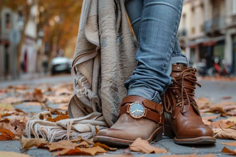 Jean brut plié avec ceinture en cuir, montre métallique et chaussures en cuir